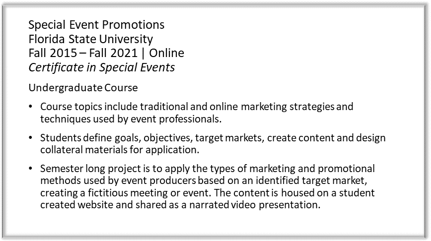 Screenshot of text describing the Special Event Promotions course.