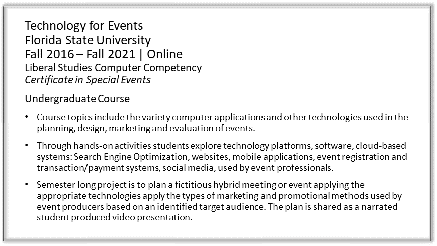 Screenshot of text describing the Event Technology course.