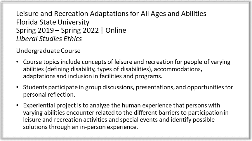 Screenshot of text describing the leisure and recreation adaptations for all ages and abilities course.