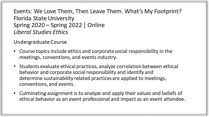Screenshot of text describing the Event Ethics and Sustainability course.