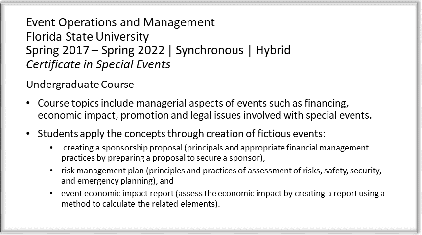 Screenshot of text describing the Event Operations and Management course.